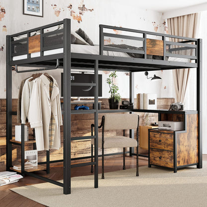 Black Full Loft Bed with Storage and Desk, Metal Frame for Bedroom