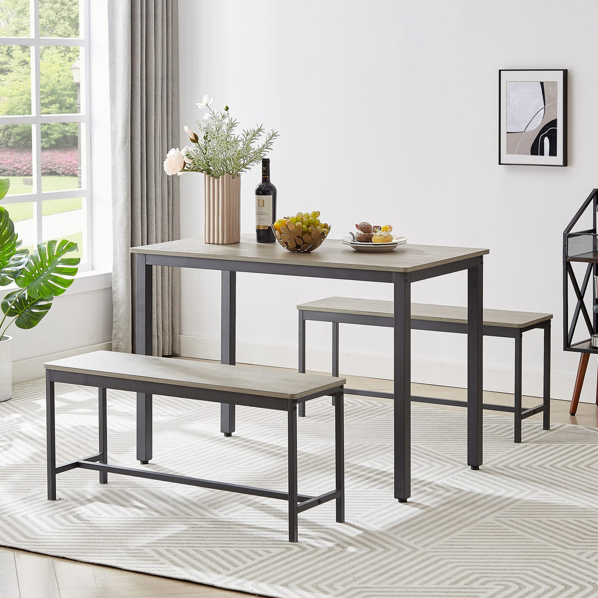 Grey Dining Table Set with 2 Benches - Kitchen Table
