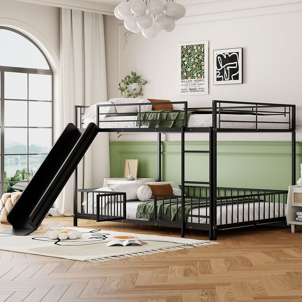 Full Over Full Metal Bunk Bed with Slide - Black for Bedroom