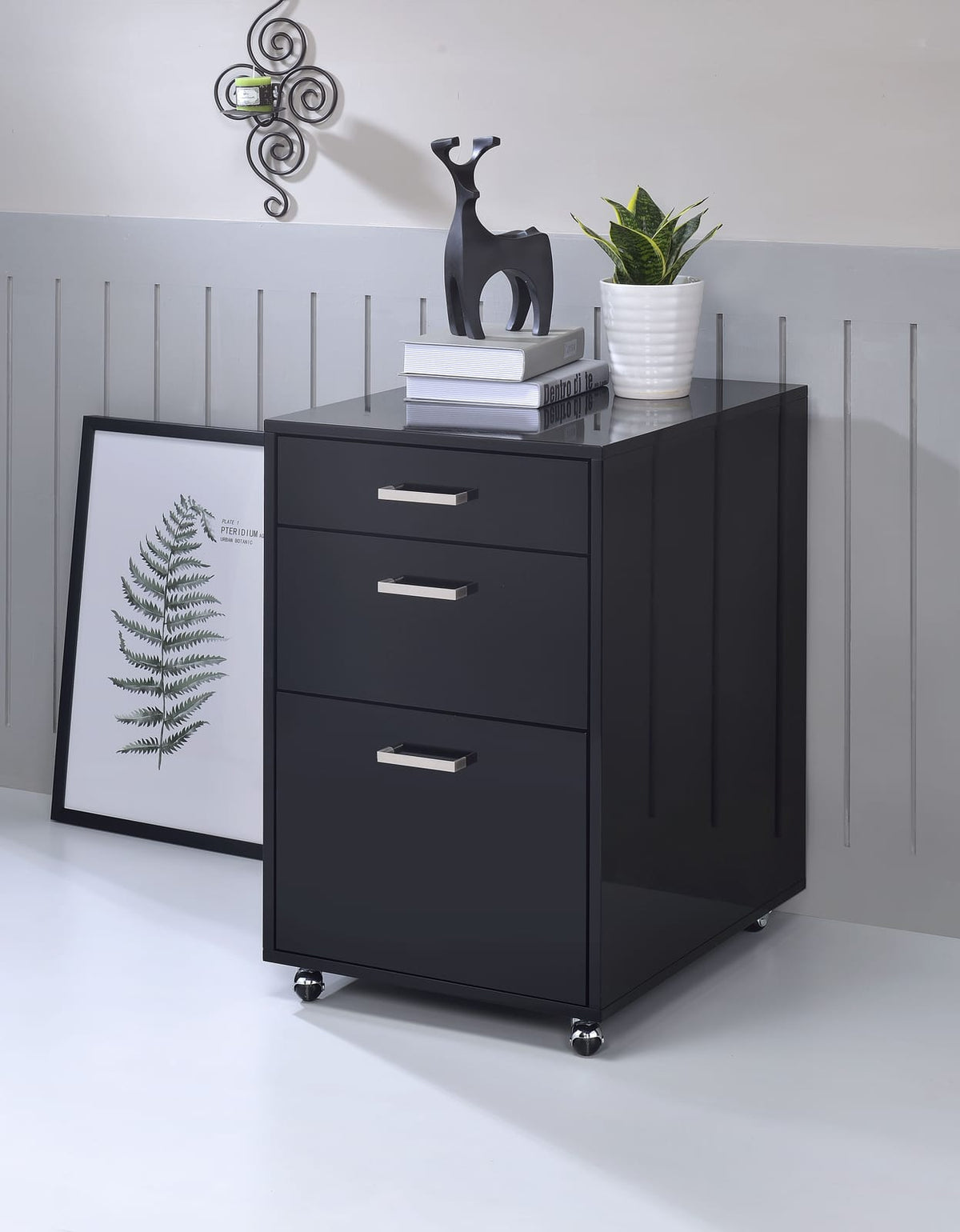 Black Synthetic Wood File Cabinet with 3 Drawers for Home Office