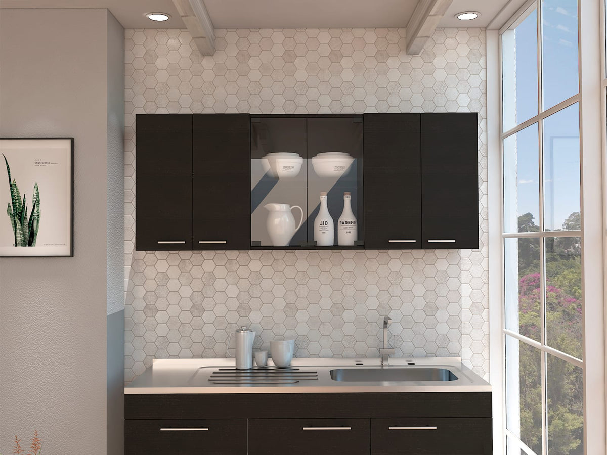 Black Particle Board Wall Cabinet with Glass for Bedroom Storage for Living Room