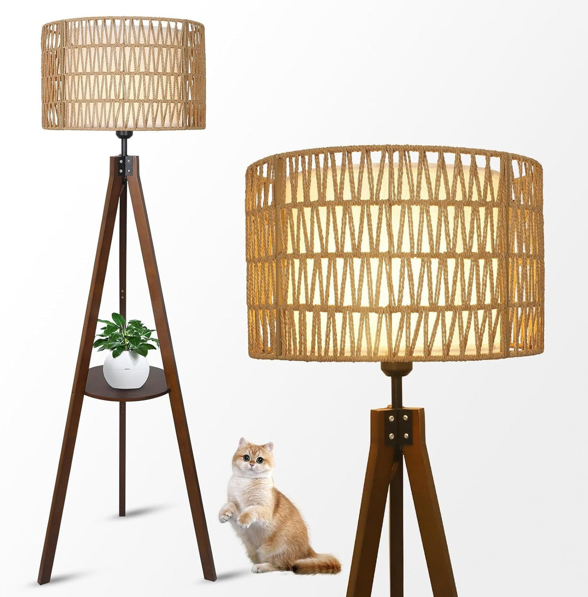 Brown Wood Rattan Floor Lamp with Shelves and Foot Switch for Living Room
