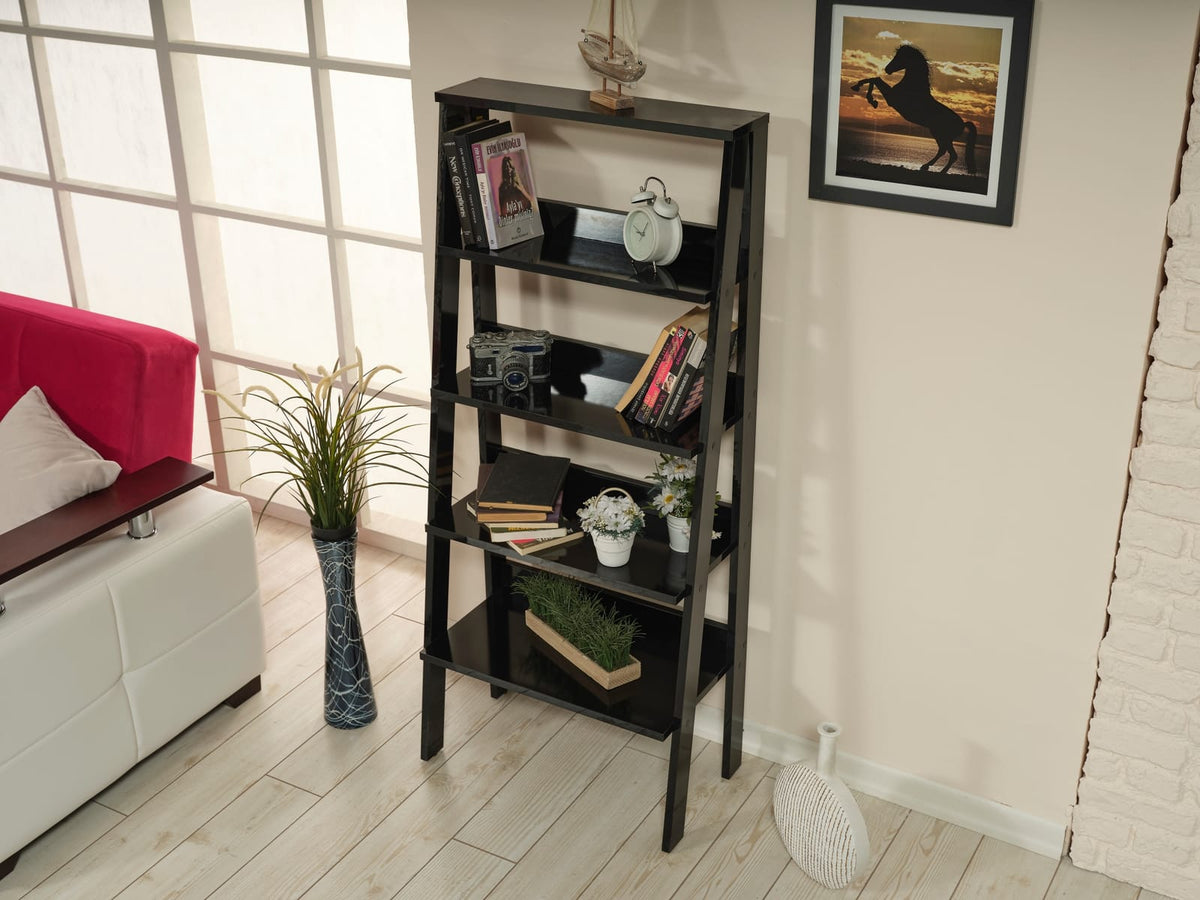 Solid Wood Black Bookshelf with 5 Shelves for Modern Living Room Storage