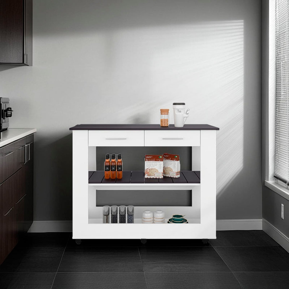 Rectangular White Kitchen Island with Storage