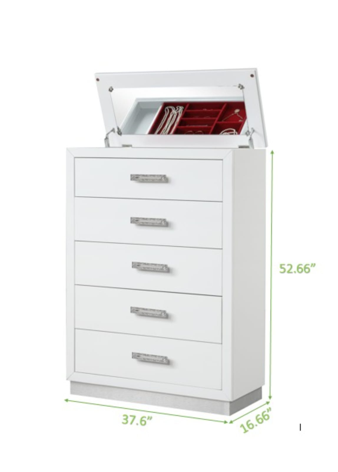 Modern White Dresser with 5 Drawers & Mirror Lid