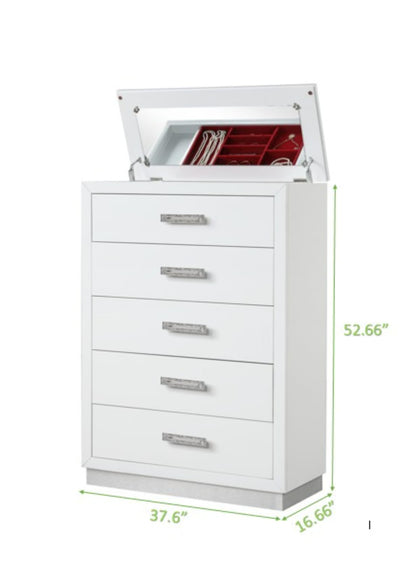 Modern White Dresser with 5 Drawers & Mirror Lid