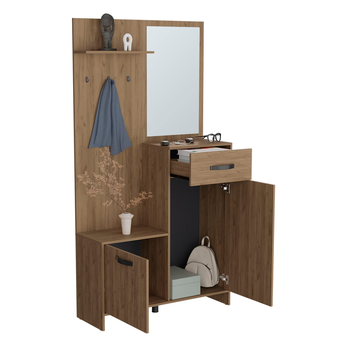 75" Tall Mirrored Hall Tree - Oak Entryway Cabinet for Living Room