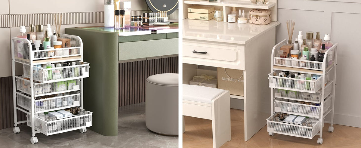 White Makeup Organizer with Wheels - 4 Drawers for Vanity Storage