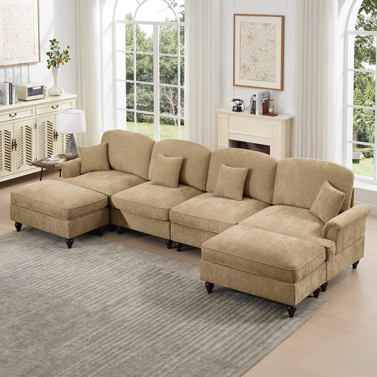 Light Coffee Chenille 4 Seat Sectional Sofa Couch for Living Room