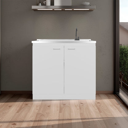 White Engineered Wood Kitchen Sink Cabinet with Faucet