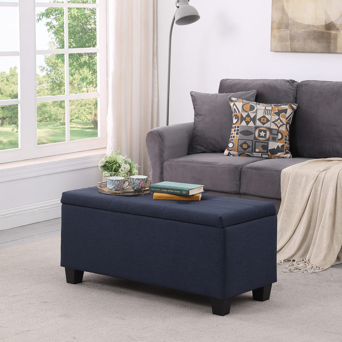 Dark Blue Fabric Storage Bench Set - 3 in 1 Ottoman with Linen Tufting