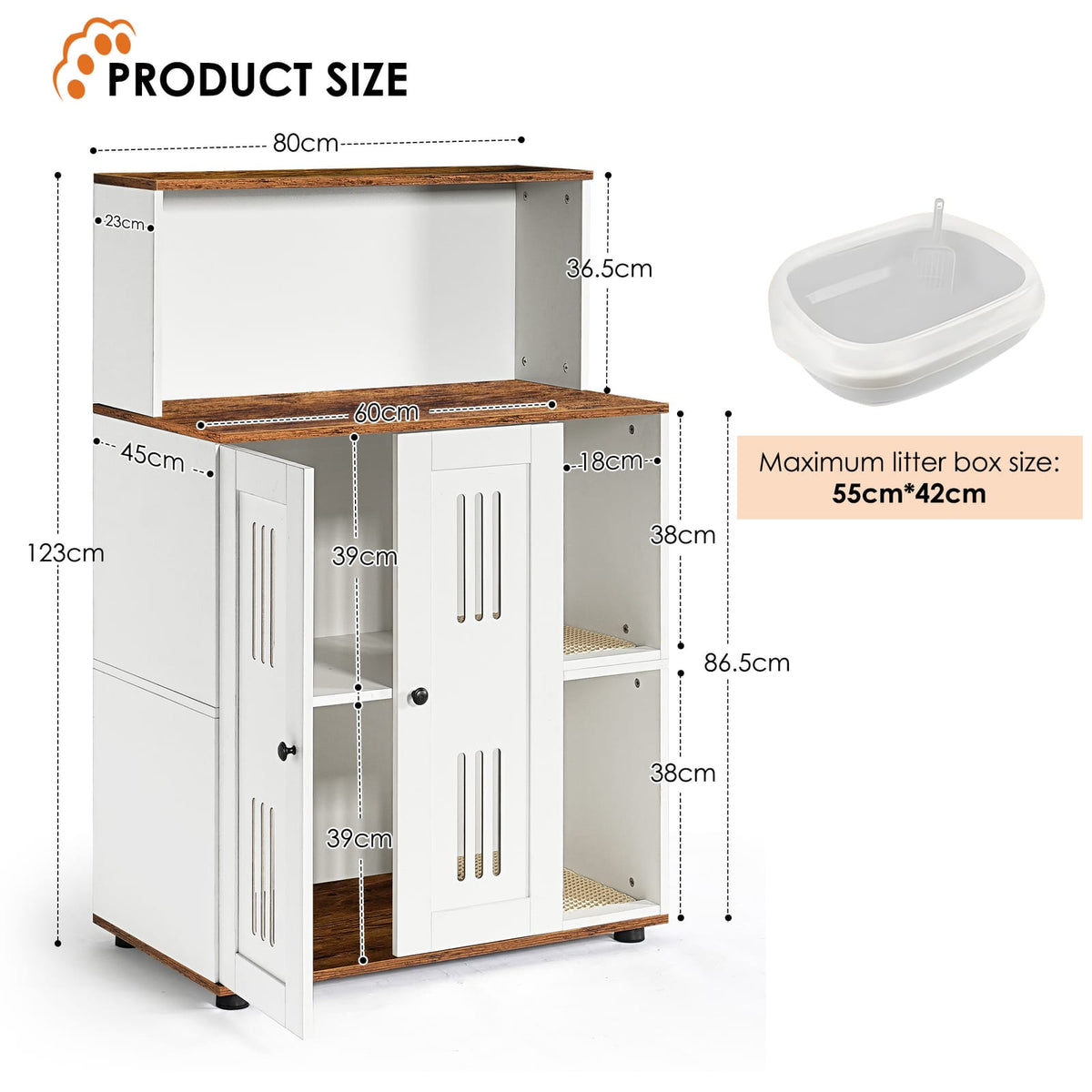 31.5" White+Walnut Cat Litter Box Cabinet - 2 Cat Storage