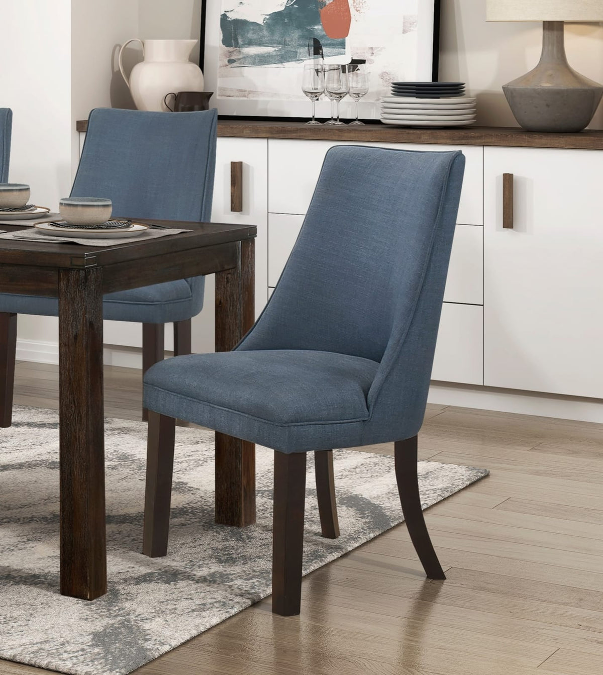 6-Person Dining Table with Upholstered Chairs - Blue Gray, Dark Brown