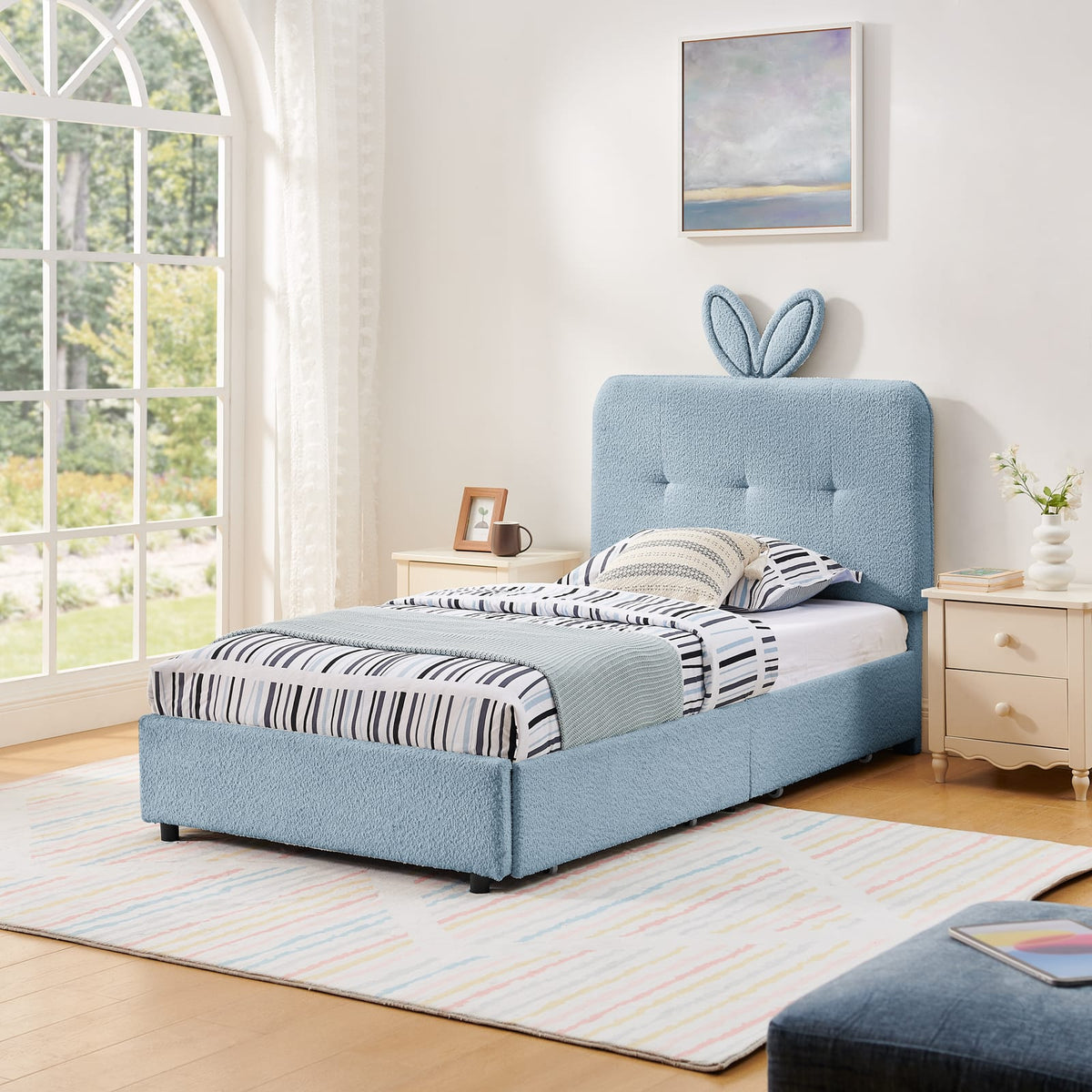 Twin Kids Bed with Storage Drawers - Navy Boucle Fabric