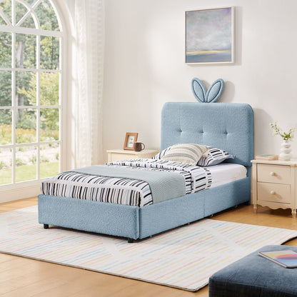 Twin Kids Bed with Storage Drawers - Navy Boucle Fabric