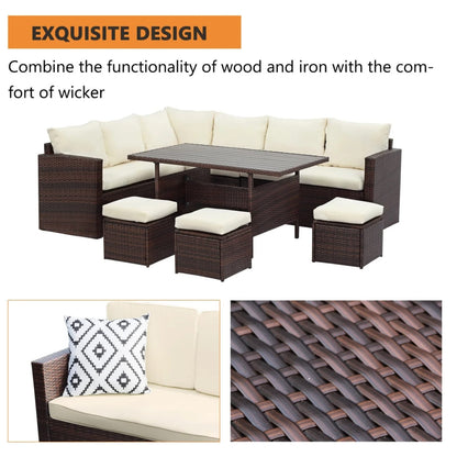 7-Piece Wicker Outdoor Dining Set - Beige Cushions, 9 Seats for Patio & Porch