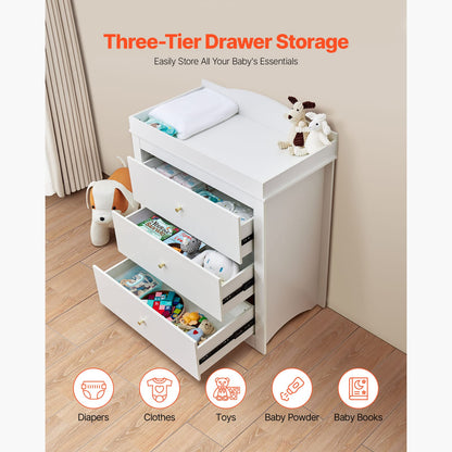 White MDF Baby Changing Table with 3 Drawers for Safe Storage