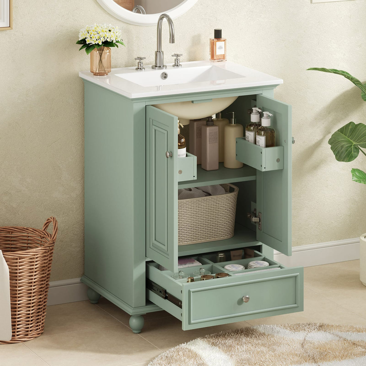 Green Bathroom Vanity with Ceramic Sink Storage