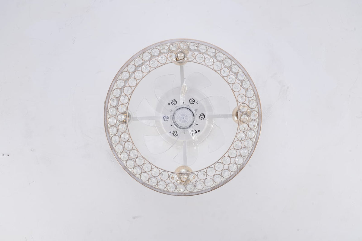 Flush Mount Ceiling Fan with Light - Gold & White Crystal, 6 Speed Remote Control