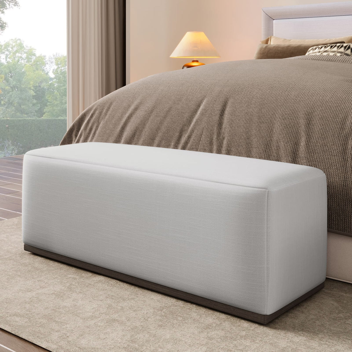 White Rectangle Ottoman - Wood Fabric Footstool