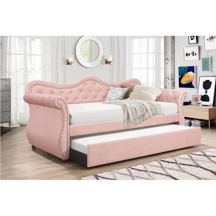 Pink Velvet Wood Daybed with Trundle for Modern Living Space