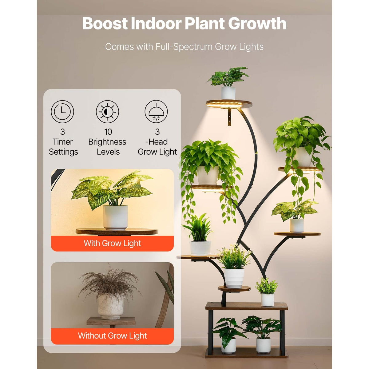 8-Tier Indoor Plant Stand with Grow Lights - Brown & Black