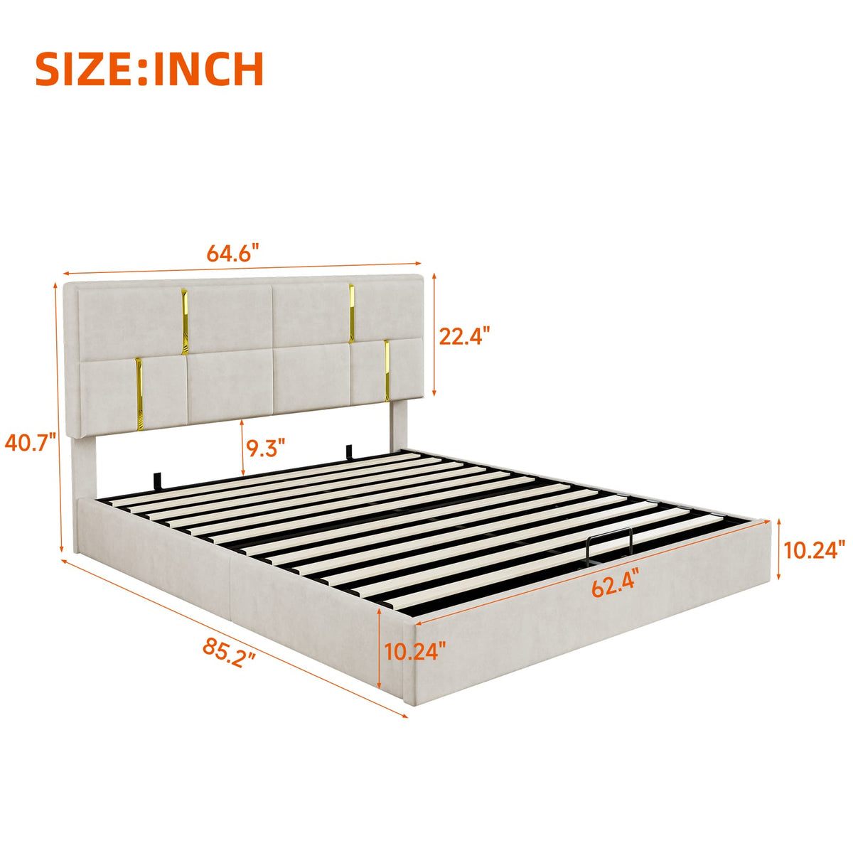 Beige Velvet Platform Bed with Hydraulic Storage for Queen Size for Bedroom