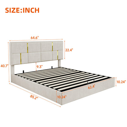 Beige Velvet Platform Bed with Hydraulic Storage for Queen Size for Bedroom