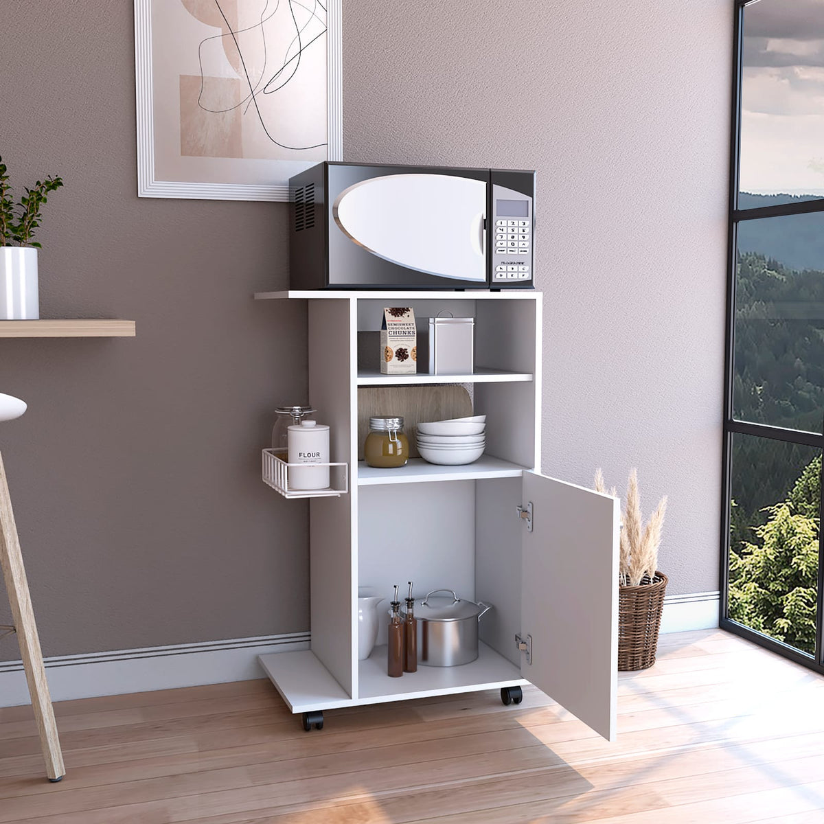 Kitchen Cart Kryot - White, Single Door Cabinet with Four Caster Wheels