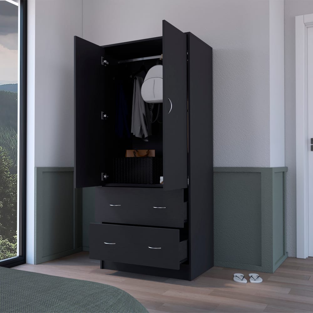 Black Engineered Wood Armoire for Bedroom Storage and Wardrobe