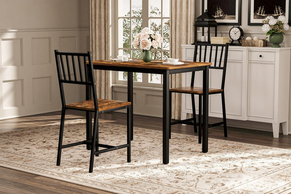 Rustic Brown Dining Table Set - 3 Piece Kitchen Table with Chairs for Dining Room