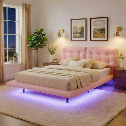 Queen Pink Upholstered Bed Frame - Button Tufted Headboard, No Box Spring Needed