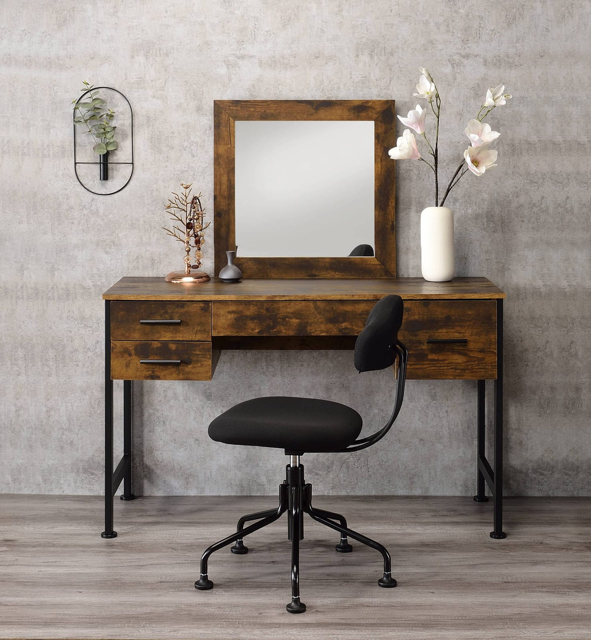 Rustic Oak Vanity Desk & Mirror Set - 4 Drawers