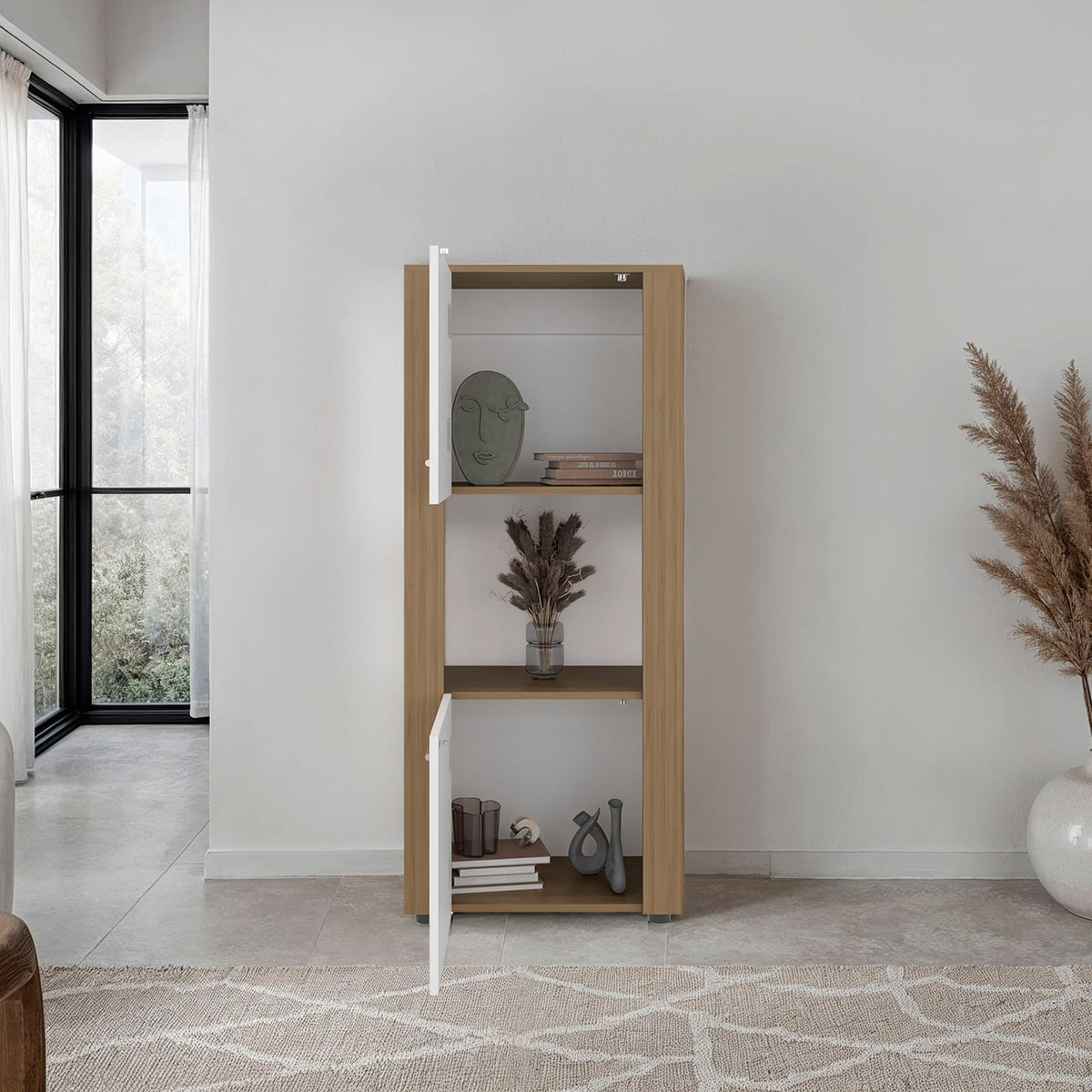 Natural Oak Vertical Storage Cabinet - 3 Shelves for Living Room
