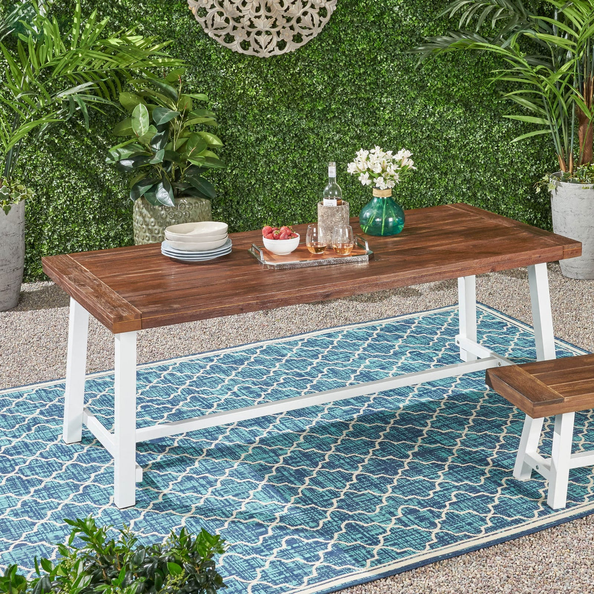 Acacia Wood Outdoor Dining Table with Metal Frame for Garden