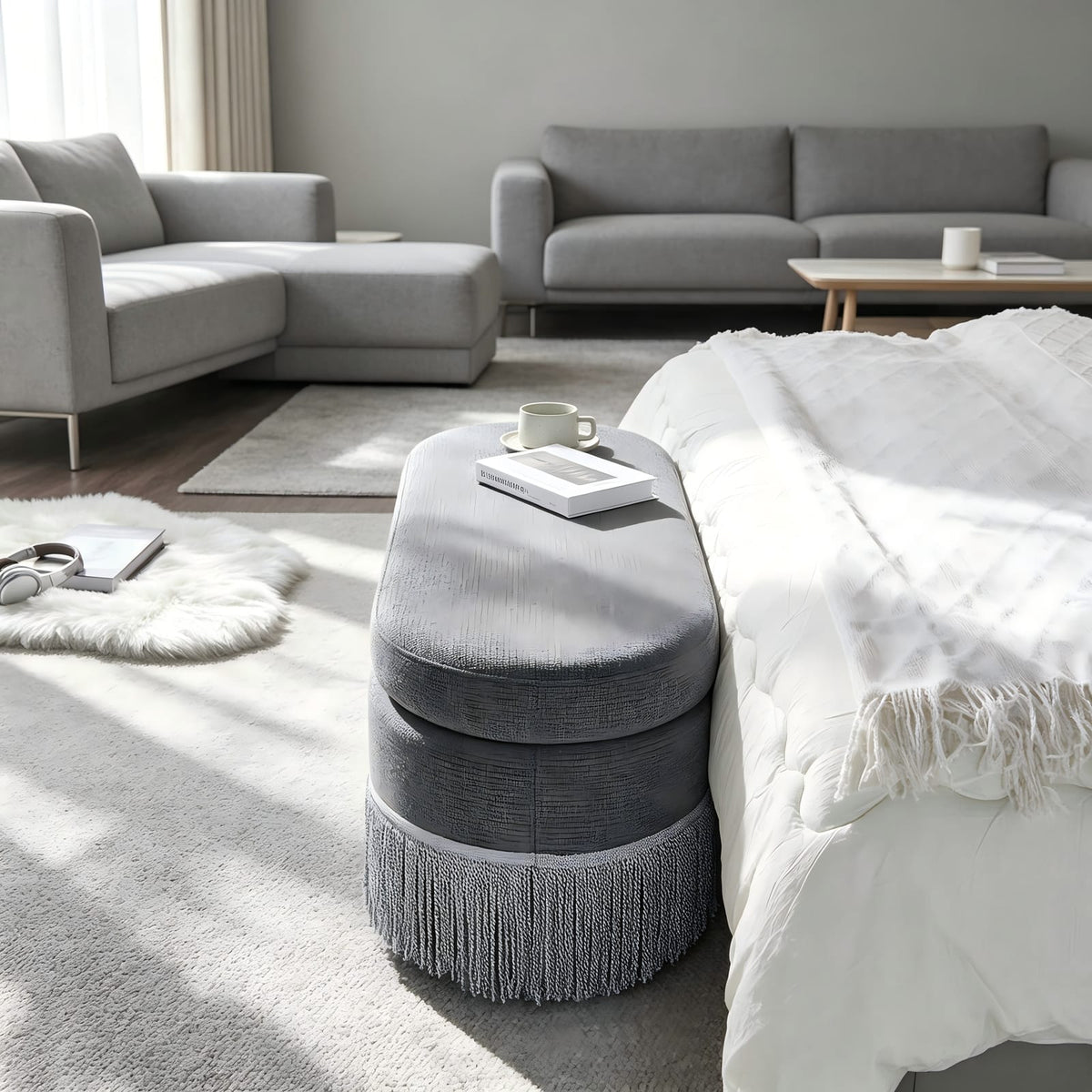 Grey Foam & Metal Storage Ottoman - Lift Top, Hidden Storage for Living Room
