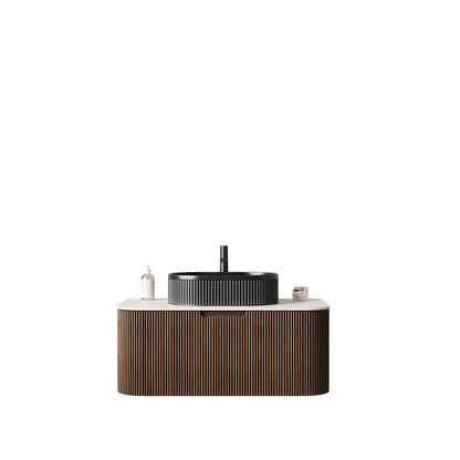 Black Wall-Mounted Bathroom Vanity with Ceramic Marble Finish