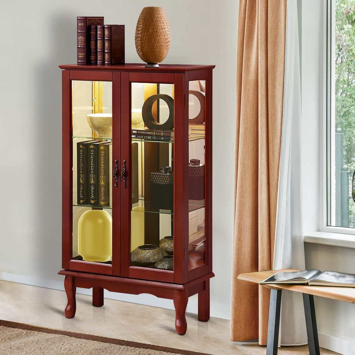 Cherry Mirrored Curio Cabinet - Adjustable Shelves & Lighting for Living Room