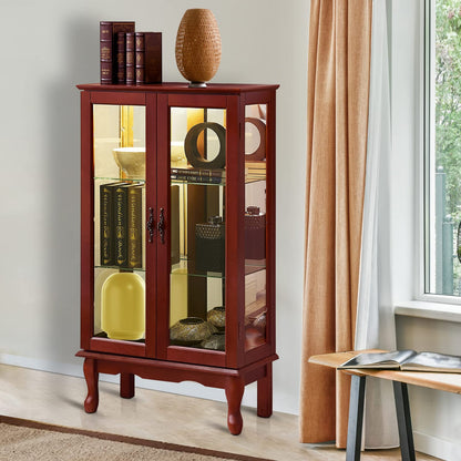 Cherry Mirrored Curio Cabinet - Adjustable Shelves & Lighting for Living Room