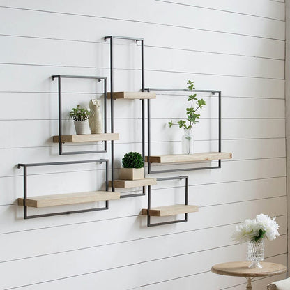 Living Room Industrial Iron Wood Wall Shelf in Black Brown for Display and Storage