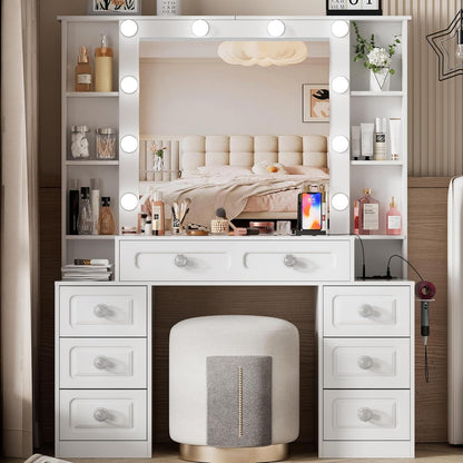 White Vanity Desk with Mirror & Lights - Charging Station for Bedroom