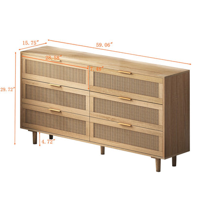 Natural Rattan 6-Drawer Dresser - Bedroom Storage Cabinet