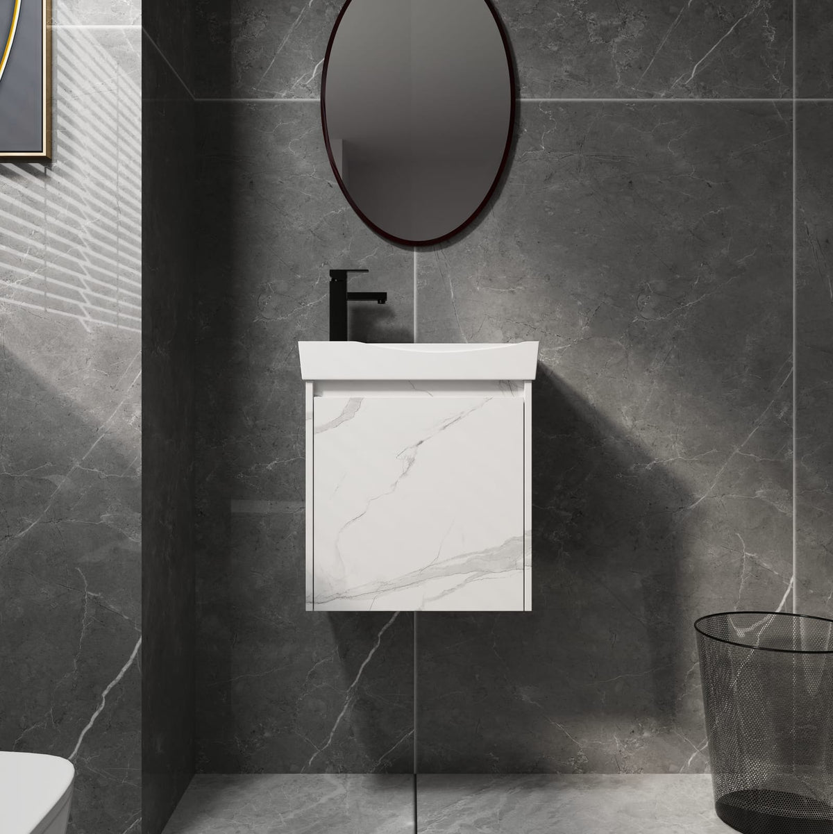 Carrara White Bathroom Vanity with Ceramic Sink - 19.69" Storage Cabinet