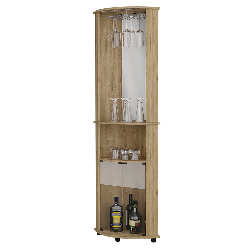 Oregon Corner Bar Cabinet - 3-Tier Shelf with Glass Rack