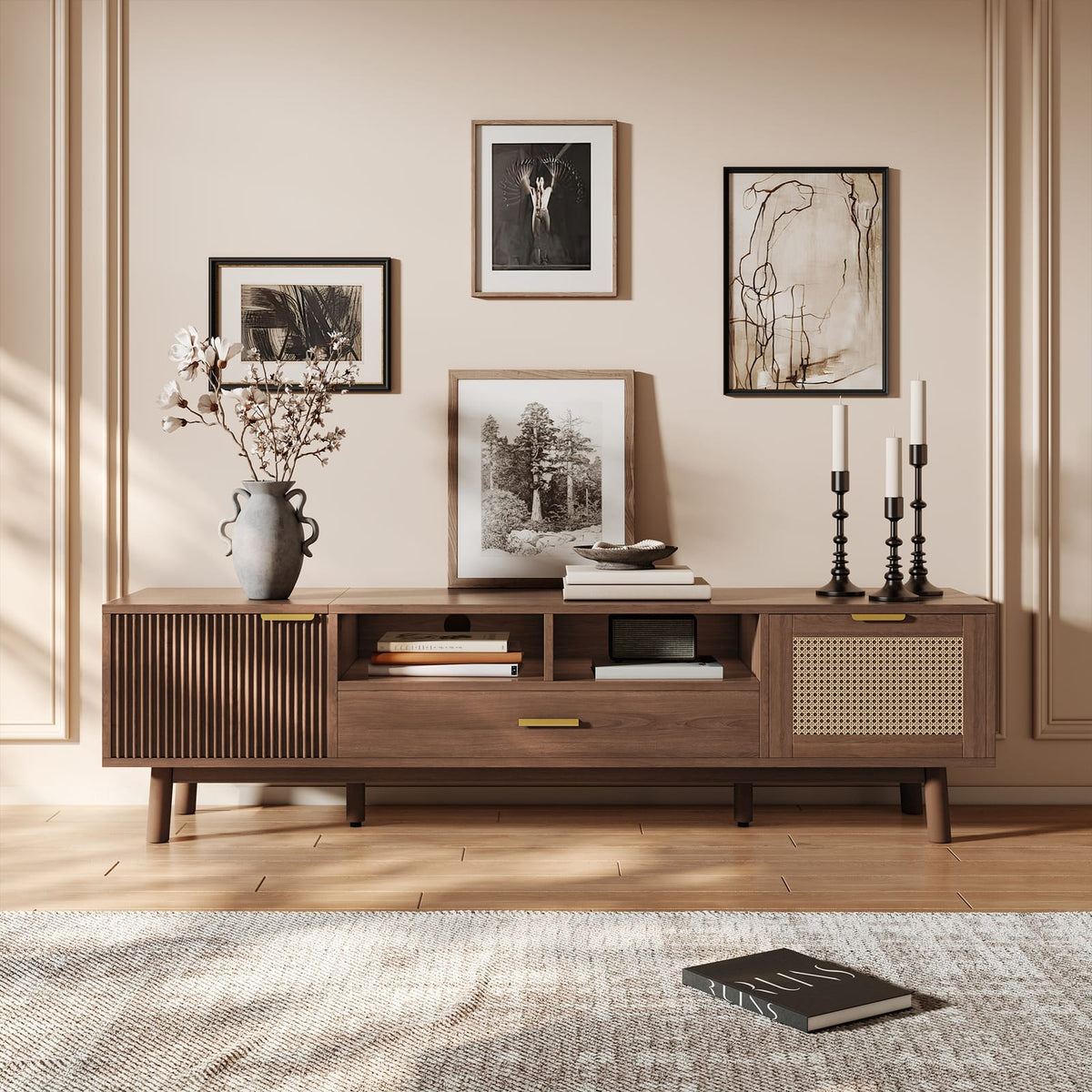 Dark Brown TV Stand with Storage - 75" TVs, Pine Wood