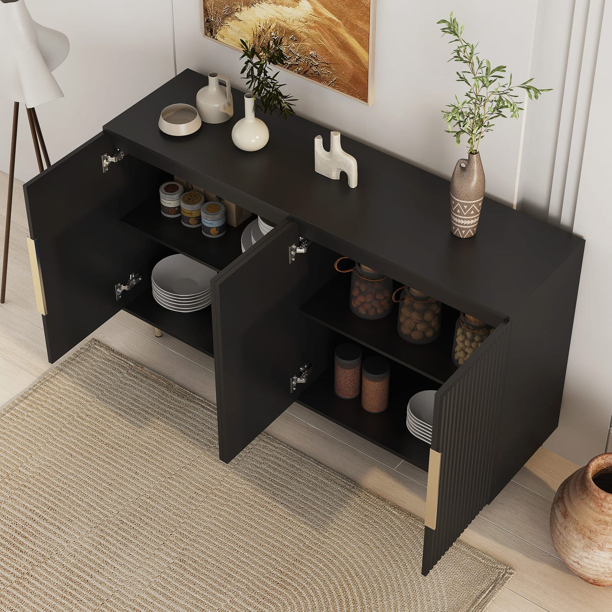Black Buffet Cabinet with Storage - Modern Sideboard Table