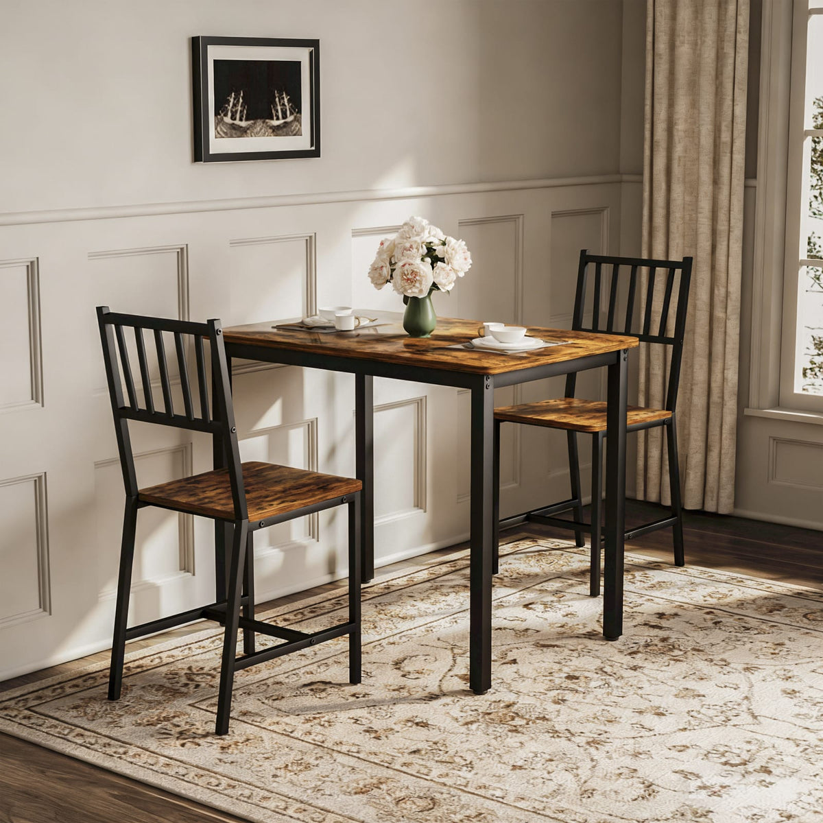 Rustic Brown Dining Table Set - 3 Piece Kitchen Table with Chairs for Dining Room
