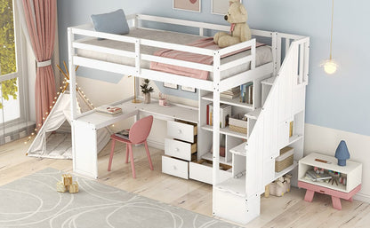 White Pine Twin Loft Bed with Storage Staircase and L-Shaped Desk for Bedroom