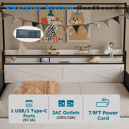Twin Size Bed Frame with Storage Drawers, White MDF Metal