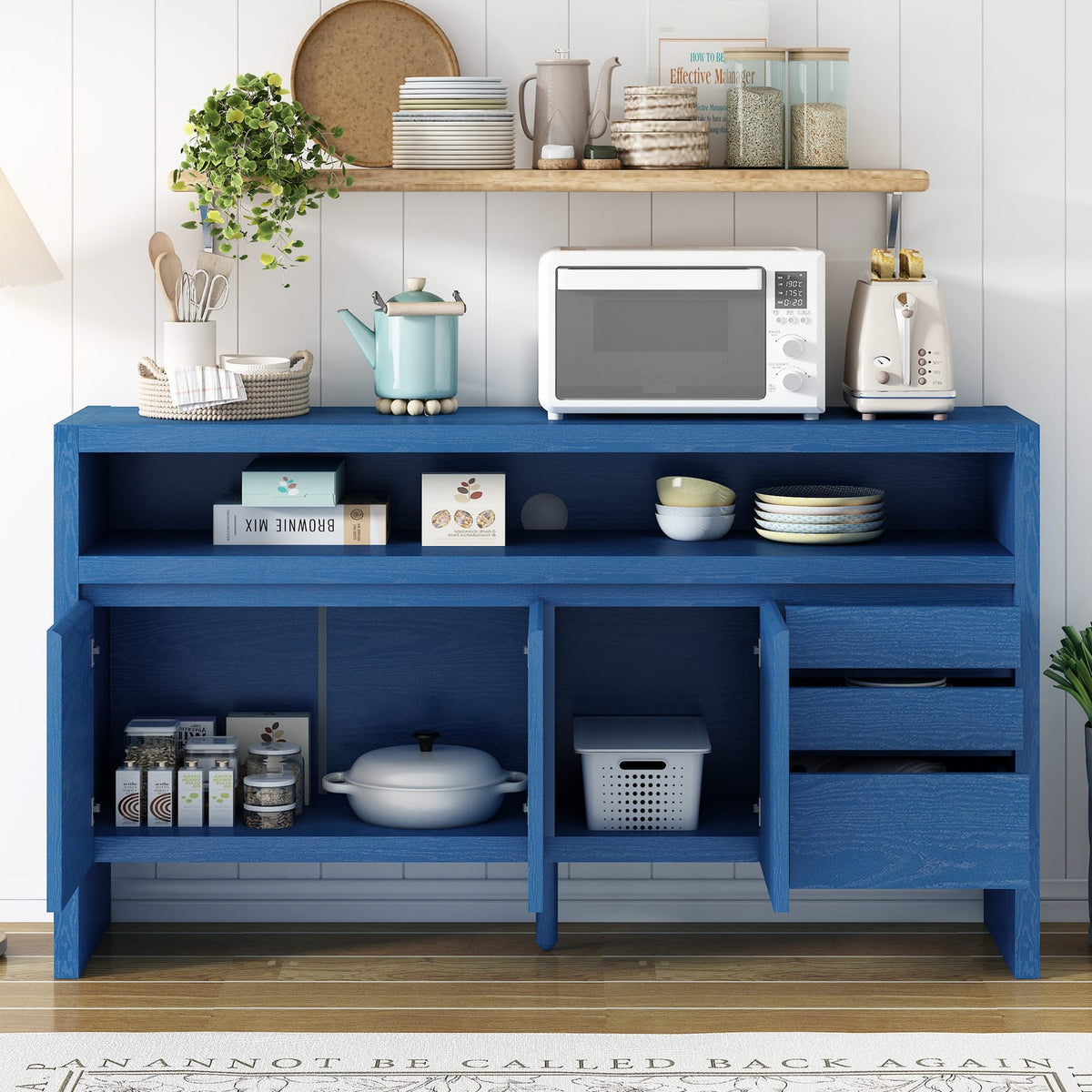 Navy Blue Solid Wood Sideboard 60" - Entryway Storage Cabinet